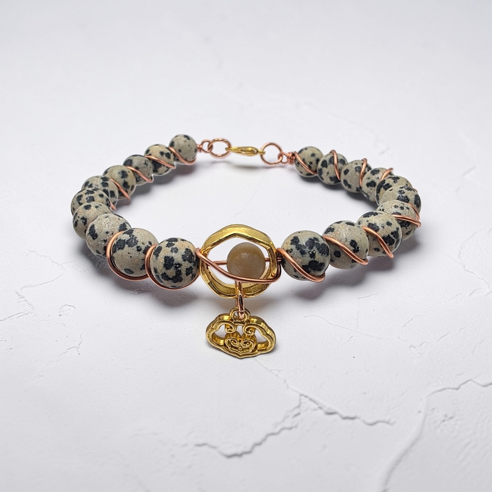 Dalmatian Jasper Beaded Bracelet with Gold Accent Charm - Picture 2 of 6